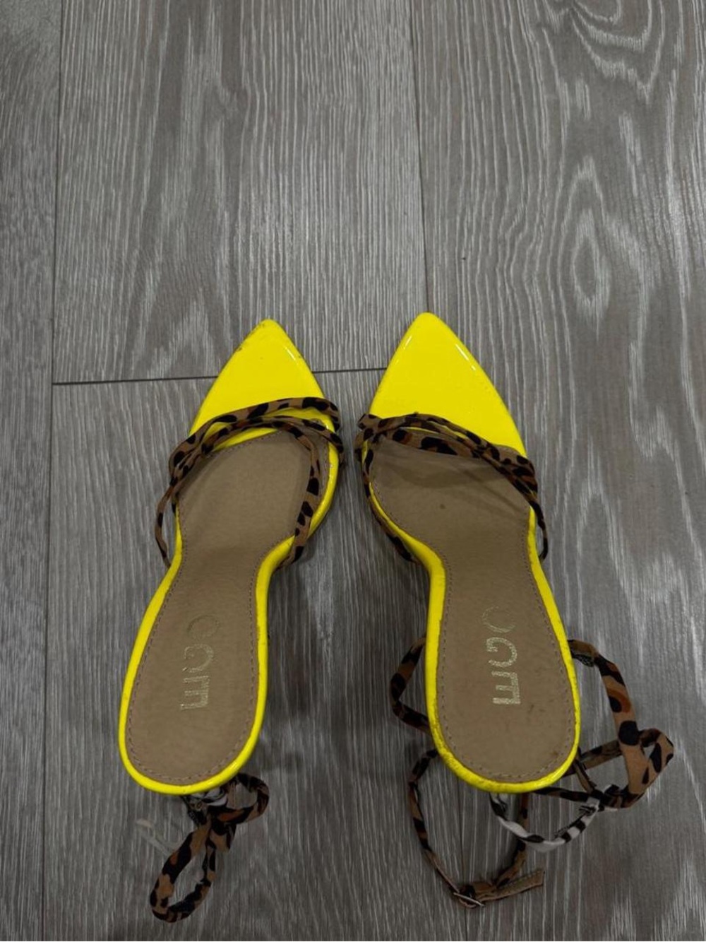 EGO Yellow Pointed Tie-Strap Mules with Leopard Print Straps